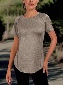 Women's Solid Color Sports T-Shirt - Round Neck, Lightweight, Short Sleeve, Elastic Polyester Blend, Suitable For Spring & Summer, Dyed Loose Basic Style, Casual Half Sleeve Blouse - Brown - View 4