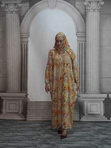 女士长袖主教袖印花梭织面料祈祷服，饰有贴花，适合春季端庄穿着。 - 彩色 - 查看 5