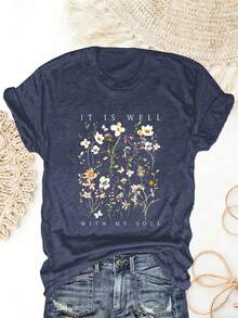 Style Voyage Boho Floral Graphic Tee With Inspirational Quote It Is Well With My Soul Soft Comfortable Fit For Women Casual Everyday Wear Featuring Delicate Wildflower Print In Pastel Colors Perfect For Spring Summer Outings Beach Days Or Religious Events Ideal For Nature Lovers And Faith Inspired Individuals (180 Cotton Blend T-Shirt) - 藏蓝色 - 查看 2