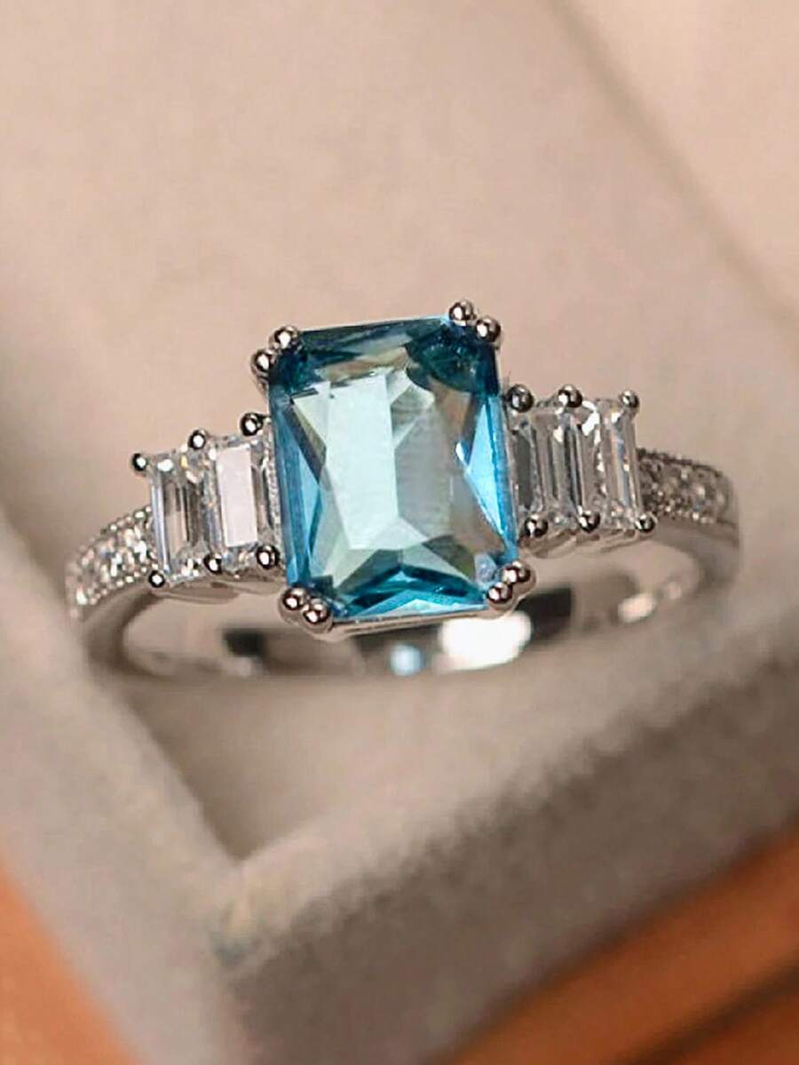 1枚优雅立方氧化锆戒指，女士珠宝礼物，适合婚礼、订婚、周年纪念、情人节等场合 - 藍色 - 查看 1