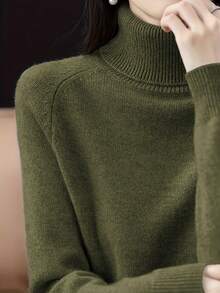 Women's Solid Color Turtleneck Wool Blend Sweater, Raglan Sleeve Knit Top - 綠色 - 查看 4