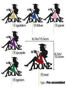 1件預組裝亮片「Done」畢業蛋糕裝飾插牌－女性畢業生剪影蛋糕插牌，適用高中與大學畢業派對裝飾 - 彩色 - 查看 3