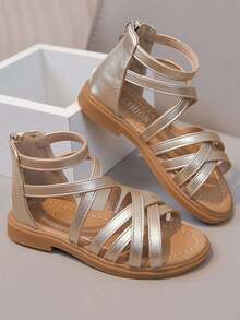 1 đôi sandal cao cổ đế bằng kiểu công chúa dễ thương cho bé gái, chống mài mòn và chống trượt, sandal La Mã hở mũi thời trang cho mùa hè - Vàng - Xem 4