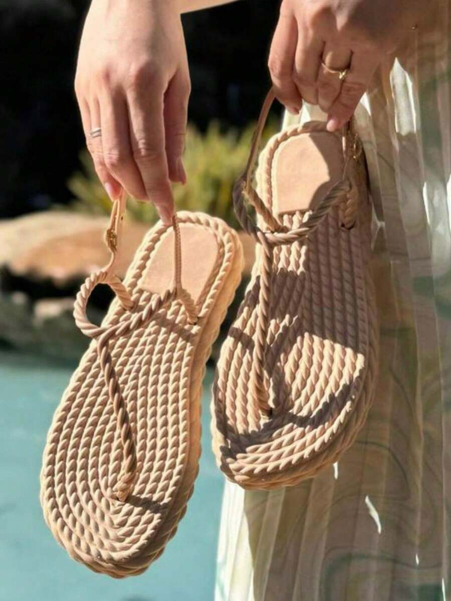 Braided Flip-Flops With Straps, Two-Strap Platform Sandals, Comfortable Sandals For Carnival. - 米色辮子 - 查看 1