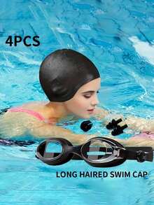 Set de 4 piezas de gafas de natación profesionales unisex. Incluye gafas de natación, gorro de natación de silicona impermeable, pinza nasal de natación y tapones para los oídos. El diseño de gorro de natación extra grande proporciona protección para las orejas. Adecuado para cabello largo y corto. - multicolor - Ver 1