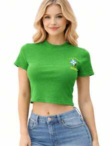 Women's Short-Sleeved Brazil World Cup Ribbed Knit Blouse - 綠色 - 查看 1