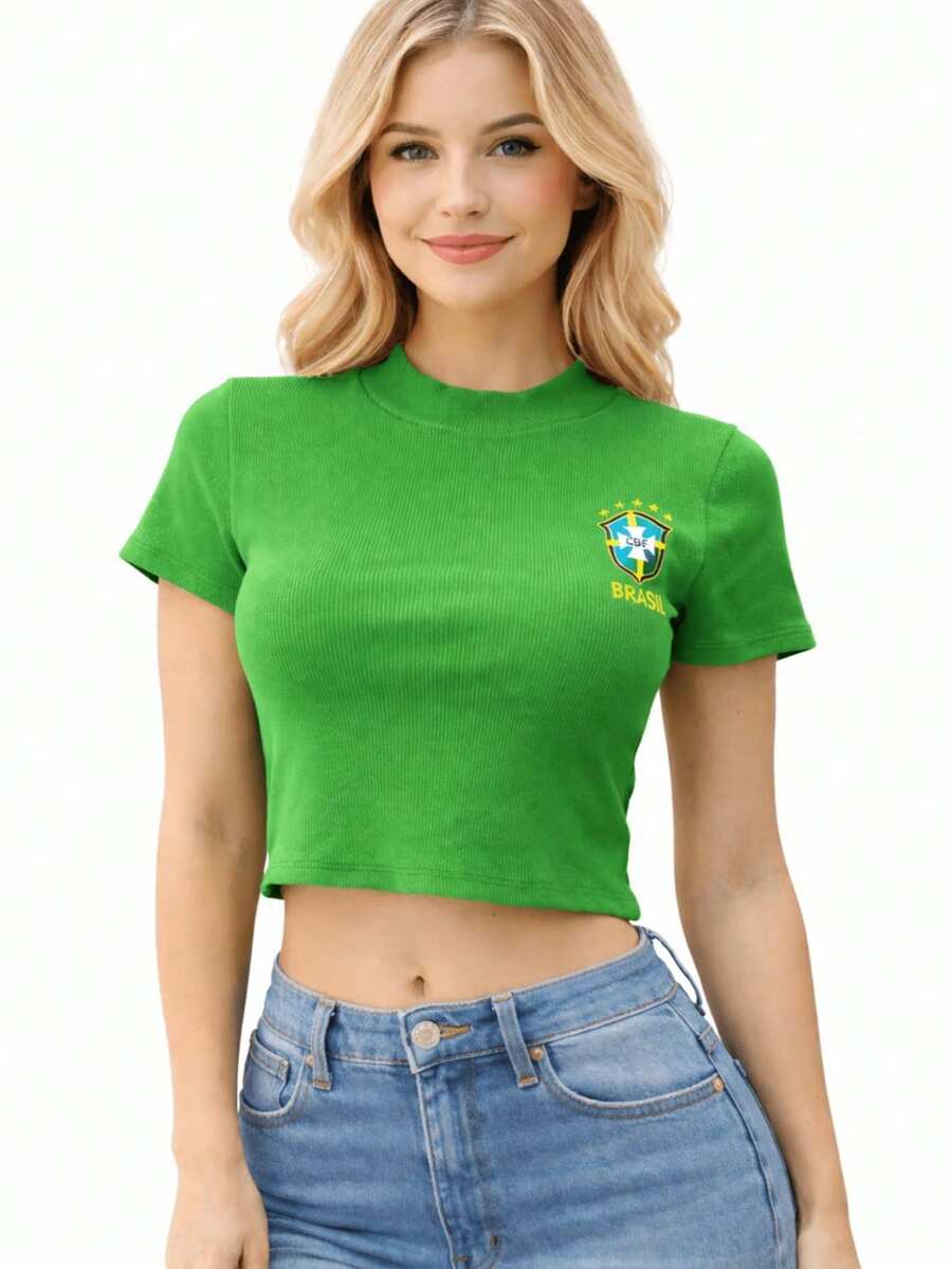 Women's Short-Sleeved Brazil World Cup Ribbed Knit Blouse - 綠色 - 查看 1