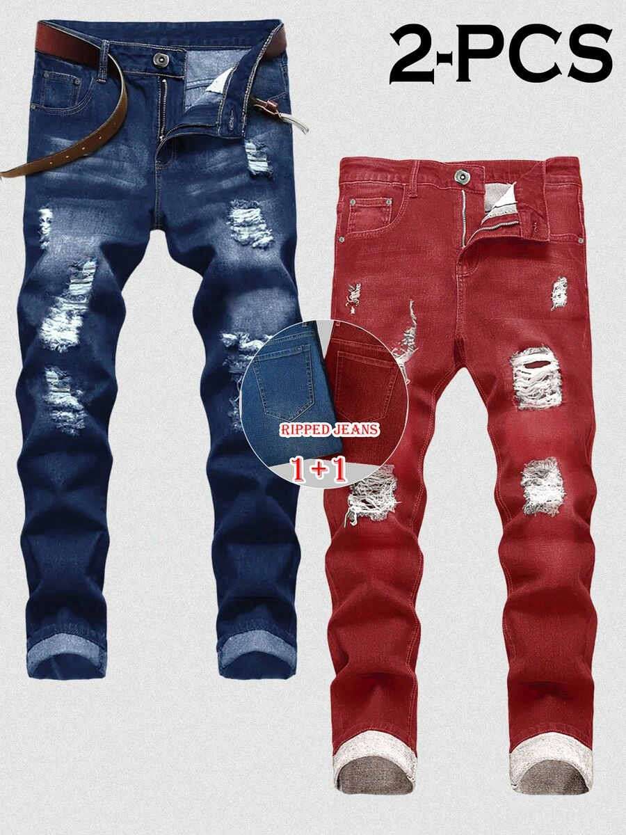 Two-Pack Men's Ripped Jeans Stretch Ripped Jeans For Men Comfort Flex Slim Fit Jeans Designer Fashion Pants For Men,Street Style - Blue + Red - View 1