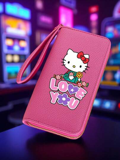 【Hello Kitty 长款钱包】1 件装 Hello Kitty 长款钱包，带腕带，多隔层和拉链口袋，信用卡槽，生日礼物和日常通勤必备，旅行配件，可爱配饰，宽敞隔层，腕包，女孩钱包，结实耐用，腕包，日常携带