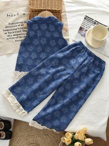 2pcs Girls' Fashion Set, Denim Effect Sleeveless Printed Lapel Top Paired With Lace Patchwork Long Pants, Casual Outfit - Blue - View 2