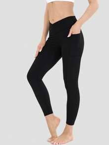 Women's V-Shaped Cross Waistband Design High Waisted Pocket Yoga Pants, Women's Sports Leggings, Soft And High Elasticity Pocket Leggings, Suitable For All Season Sports Outdoor Sports Leggings, Gym Work Pants, Hip Lifting Sports Running, Cycling, Yoga - 黑色 - 查看 4