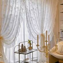 1pc French Rococo Ambiance Cream Jade Magnolia Pearl 3D Relief Sheer Curtain With Ruffle Trim For Living Room - Multicolor - View 8