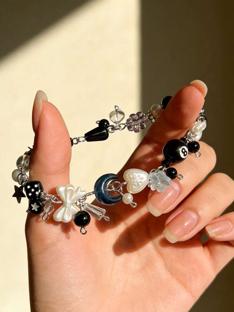 1pc Punk Style Dice, Star, Black Ball Charm Bracelet, Multi-Element Bow, Heart, Moon, Water Drop, Flower Handmade Beaded Bracelet For Women - Silver - View 1