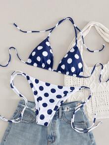 2 pièces/set Nouveau 2026 Bikini d'été pour femmes en vacances à la plage, sexy, mignon, frais, mode, avec Top à lacets et imprimé pois - Bleu azur - Voir 4