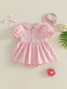 Infant Baby Girl Summer Plaid Bow Embroidered Short Sleeve Doll Collar Romper Dress With Headband 2 Piece Clothes Set - 粉色 - 查看 2