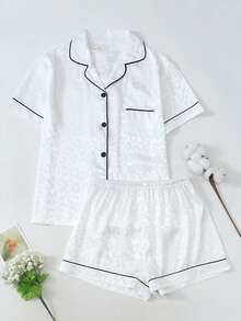2PCS Womens Leopard Print Pajama Sets Pj Set Short Sleeve Button Down Shirt With Shorts - trắng - Xem 1