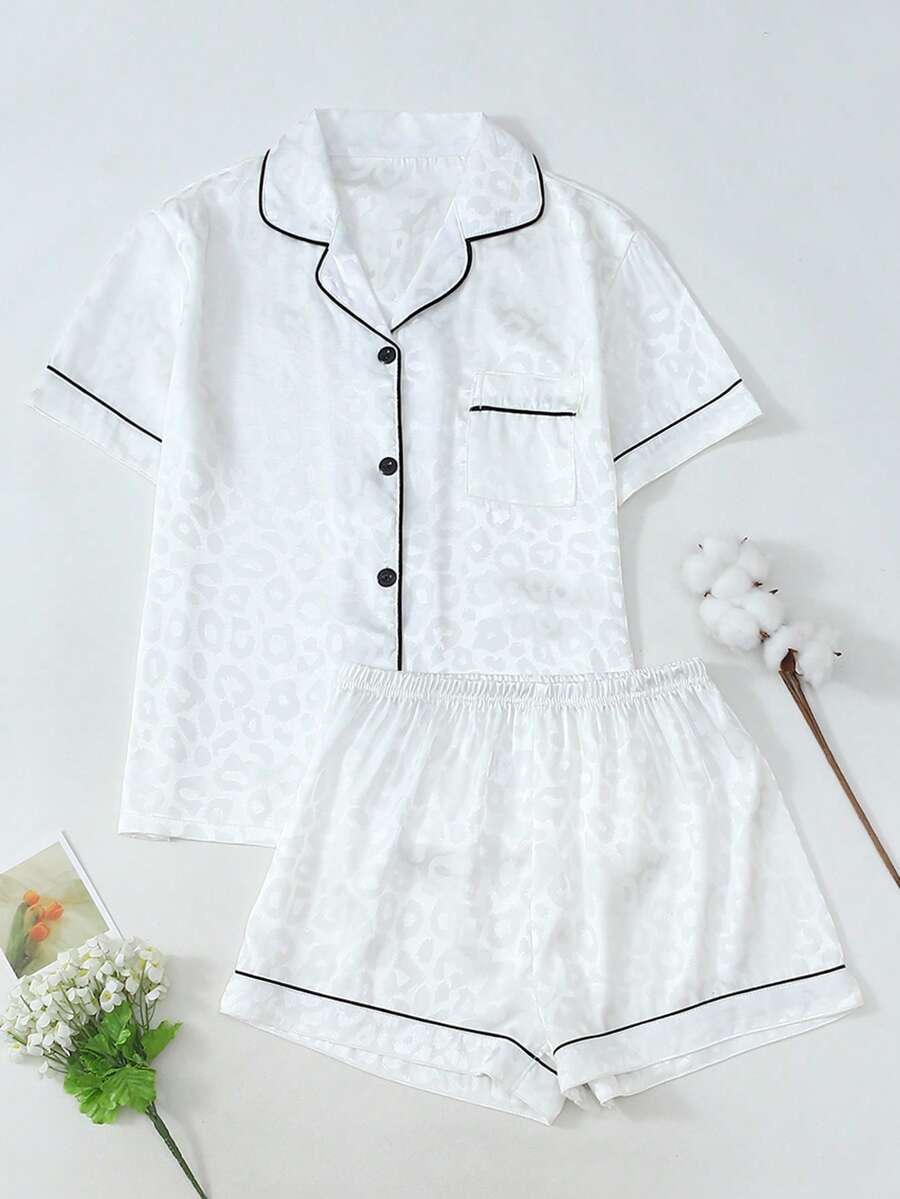 2PCS Womens Leopard Print Pajama Sets Pj Set Short Sleeve Button Down Shirt With Shorts - trắng - Xem 1