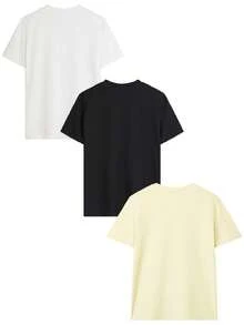 3 قطع/مجموعة تي شيرت نسائي كاجوال بطبعة زهرية بسيطة، أكمام قصيرة وياقة دائرية، موضة وقابل للتنوع - الأسود والأبيض والمشمش - مشاهدة 4