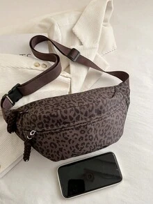 尼龙大容量胸包/腰包，男女通用，适合日常、运动、跑步、旅行、休闲等场合，简约时尚，豹纹设计 - 咖啡棕 - 查看 6