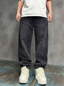 Plus Size Men's Personalized Crochet Denim Jeans - Black - View 5