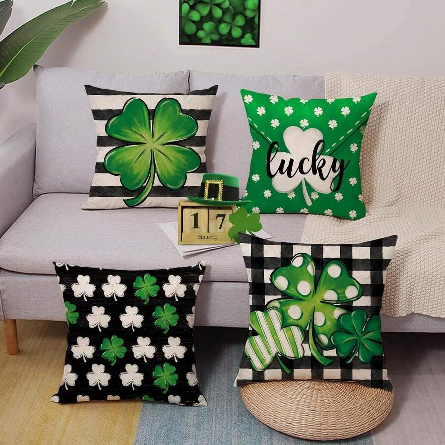 4pcs Vibrant Happy St Patricks Day Decorative Throw Pillow Covers 18 X 18in, Gold Lucky Shamrock Clover Dog Cat Paw Prints Porch Outdoor Home Decor, Irish Spring Sofa Couch Cushion Case, Seasonal Holiday Supplies, Indoor Outdoor Party Decor, Perfect Housewarming Gifts For Famliy Or Friends - Kiểu 1 - Xem 1