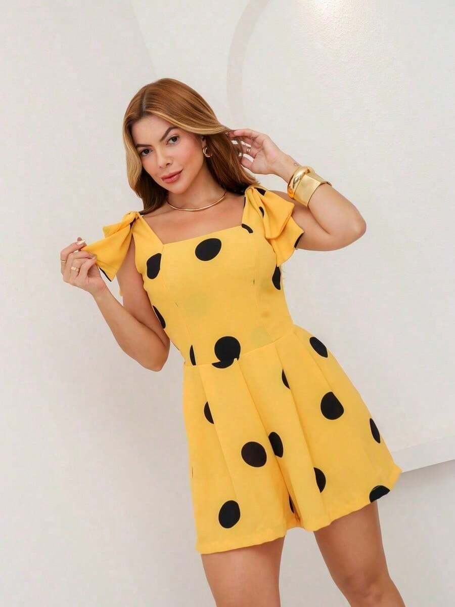 Sleeveless Polka Dot Romper For Summer, Cute And Stylish. - 黃色 - 查看 1