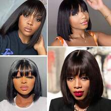180% Density Short Bob Wig With Bangs Human Hair Upgraded Realistic Scalp 2x1 Lace Closure Wigs Straight Bob Human Hair Glueless Wigs Natural Color For Women Ready To Wear And Go - Natural Black - 查看 7
