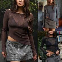 Glitter Asymmetrical Long Sleeve Top Sheer Mesh Sparkly Slim Fit Blouse - Ash - View 6