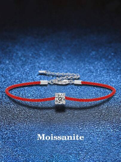 BLOVEMEE 1pc Luxury Minimalist 925 Sterling Silver 0.5 Carat 5.0mm Moissanite Red Cord Bracelet, Suitable For Women's Daily Wear, Party, Holiday, Valentine's Day, Mother's Day, Christmas, Wedding Anniversary, Women's Jewelry Gift