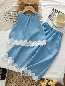 Summer Light Blue Girls 2 Pieces Set, Denim Effect Vest And Lace Trim Pants, Casual Outfit - Blue - View 1