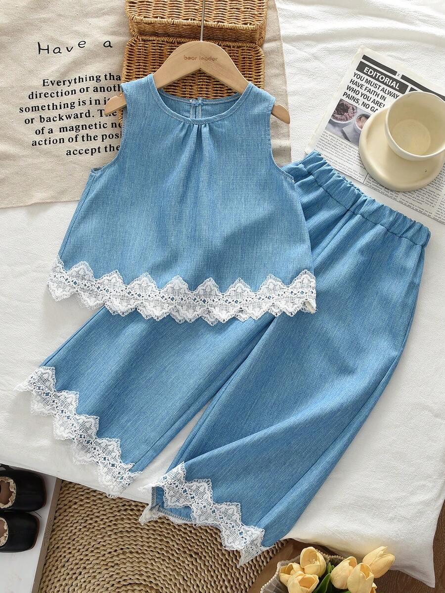 Summer Light Blue Girls 2 Pieces Set, Denim Effect Vest And Lace Trim Pants, Casual Outfit - Blue - View 1
