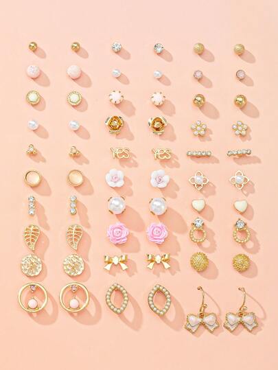 30对可爱花朵、蝴蝶结、仿珍珠和水钻耳钉套装，百搭日常、休闲、派对、节日礼物