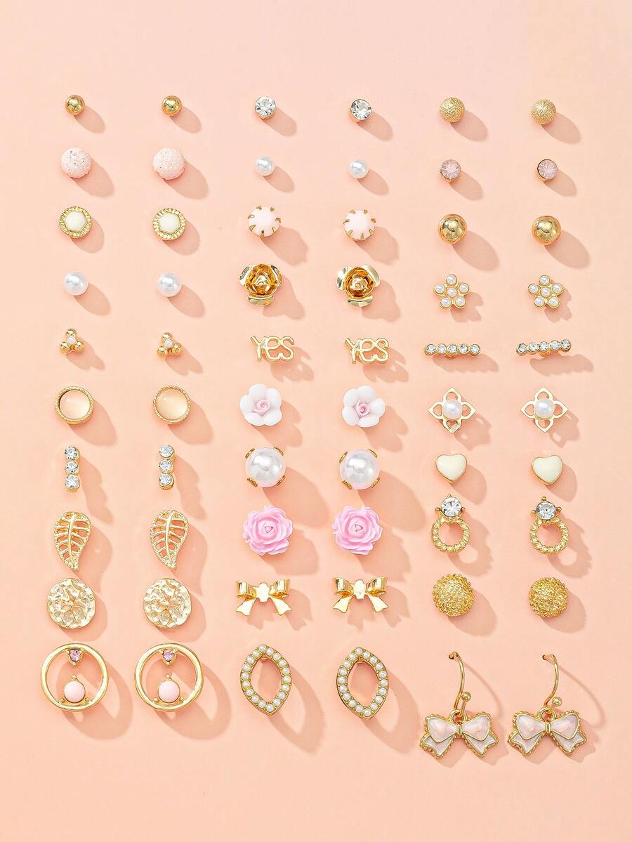 30对可爱花朵、蝴蝶结、仿珍珠和水钻耳钉套装，百搭日常、休闲、派对、节日礼物 - 彩色 - 查看 1