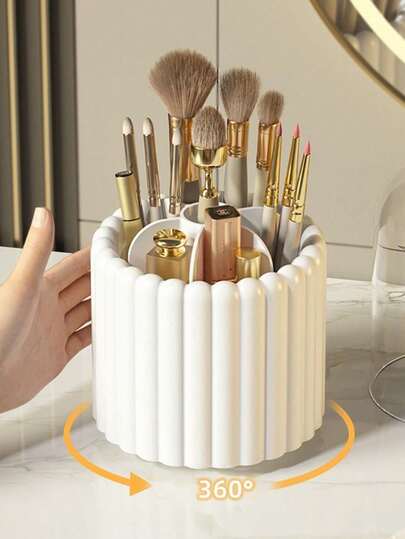 1pc 360° Rotating Makeup Brush Holder, Large Capacity Cosmetic Storage Box, Multi-Functional Student Stationery Pen Cup, Waterproof Bathroom Storage Container, Tabletop Organizer, Rotating Pen Cup, Vanity Organizer, Gift For Women