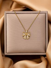 1 Pc 18K Gold Plated Stainless Steel Bow Pendant Necklace For Women, Elegant Bowtie Dangle Charm Necklaces, Anti-Tarnish Water Proof Jewelry - Bow Pendant Necklace - View 3