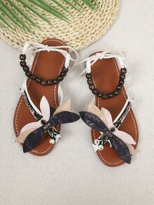 1 Pair Fashionable Sparkling Rhinestone Dragonfly Decor Beaded Thong Sandals - Chocolate Brown - View 6