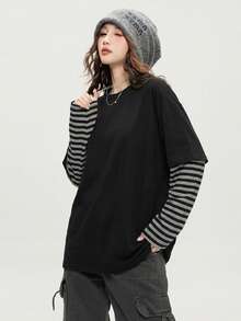 JUTU Spring & Autumn Black Striped Patchwork Sleeve T-Shirt, Comfortable Loose Fit Long Sleeve Top, Young Lady Style Casual - 2A19 Black - View 1