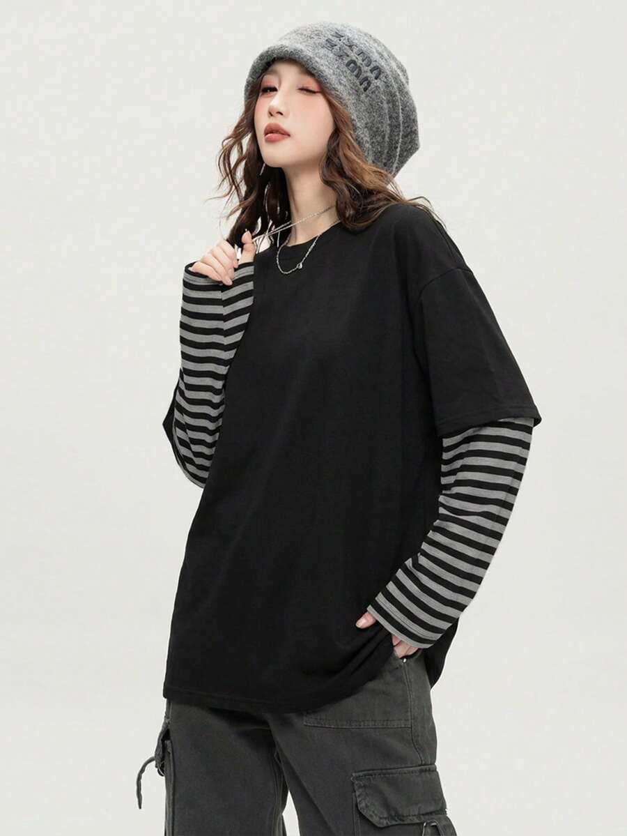 JUTU Spring & Autumn Black Striped Patchwork Sleeve T-Shirt, Comfortable Loose Fit Long Sleeve Top, Young Lady Style Casual - 2A19 Black - View 1