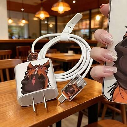Zestaw 4 akcesoriów do ładowania z zabawnym koniem w kreskówkowym stylu, kompatybilny z ładowarką Apple 20 W/18 W, zawiera osłonę kabla ładującego, osłonę głowy do ładowania, kompatybilny z ładowarką Apple