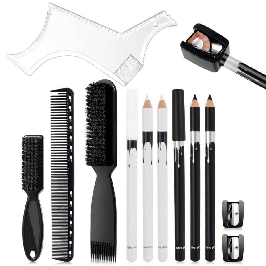 DUAIU 12Pcs Beard Shaper Tool Kit For Men Grooming, White Black Barber Pencil For Lineup Edging With Sharpener, Hairline Beard Guide Shaping Barber Comb Clipper Cleaning Brushes Hair Combs Set - Trắng - Xem 1