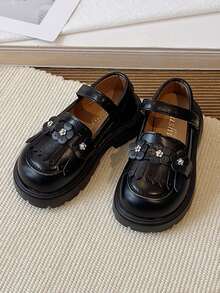 1双女童浅口真皮乐福鞋，厚底玛丽珍鞋，软底防滑防踢圆头复古儿童休闲鞋，透气平底百搭旅行/上学鞋，适合春/夏/秋季穿着 - 黑色 - 查看 6