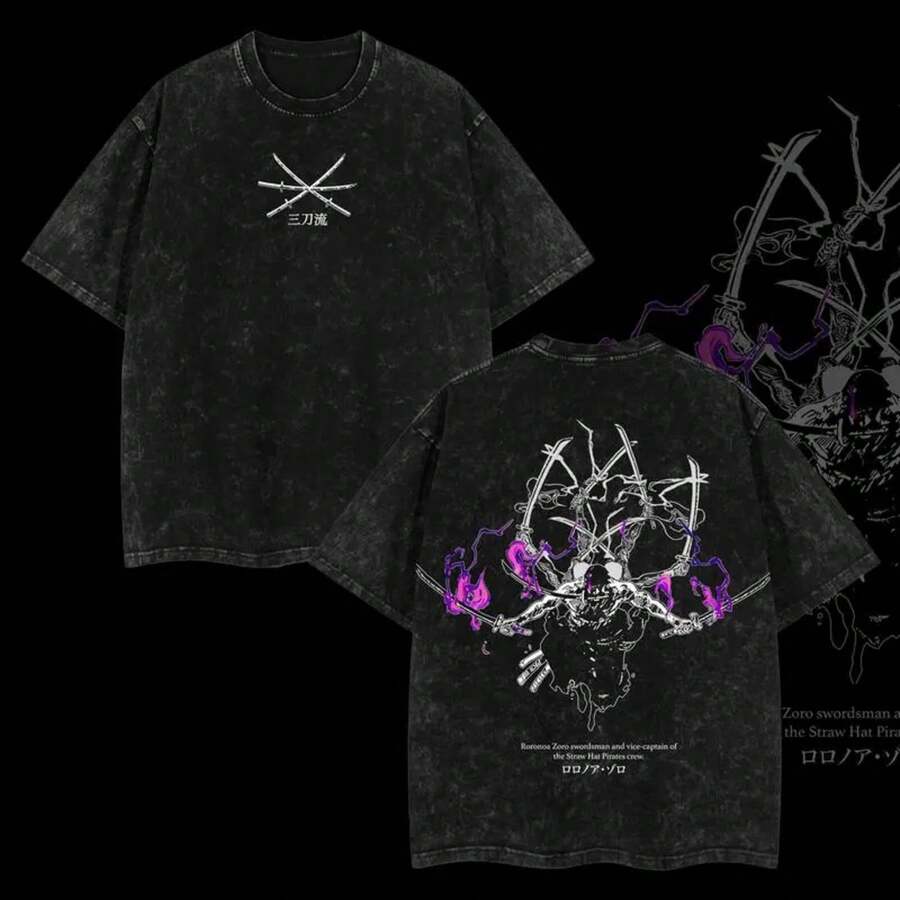 Super Value Hot  T-Shirt [Universe] Roronoa Zoro - One Piece Edition Double Printed Oversize Lightweight Acid Washed Tee Anime Manga Vintage Design Top Cotton Anime Classic Streetwear T-Shirt Clothes Men's Wear Women's Wear. Suitable As A Gift For Fans SD0082 - màu đen - Xem 1