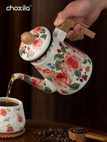 1pc Rose Enamel Teapot, Kettle, Large Capacity Teapot, Suitable For Gas Stove And Induction Cooktop, Universal Tabletop Decorative Enamel Teapot - Rose Enamel Pot - View 7