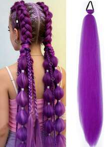 1pc 26 Inch Purple Braided Wig With Elastic Band, Women's Hair Extensions, Ombre Purple Braided Ponytail, Synthetic Material - Multicolor - View 4