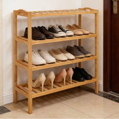 3-poziomowy stojak na buty z bambusa – 68*24*52 cm, naturalny kolor bambusa, konstrukcja z listew, wentylowany, do przedpokoju i szafy