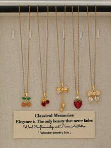1 Pc 18K Gold Stainless Steel Cherry Pendant Necklace For Women, Zirconia Crystal Strawberry Bow Charm Necklaces, Anti-Tarnish Water Proof Jewelry - Multicolor - View 1