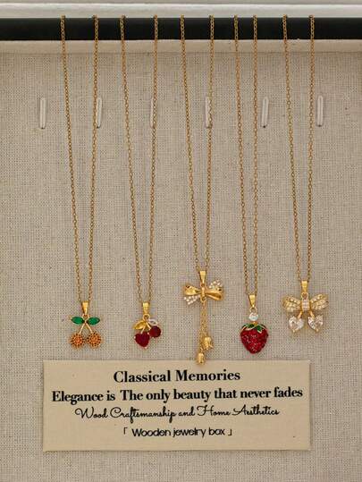 1 Pc 18K Gold Stainless Steel Cherry Pendant Necklace For Women, Zirconia Crystal Strawberry Bow Charm Necklaces, Anti-Tarnish Water Proof Jewelry