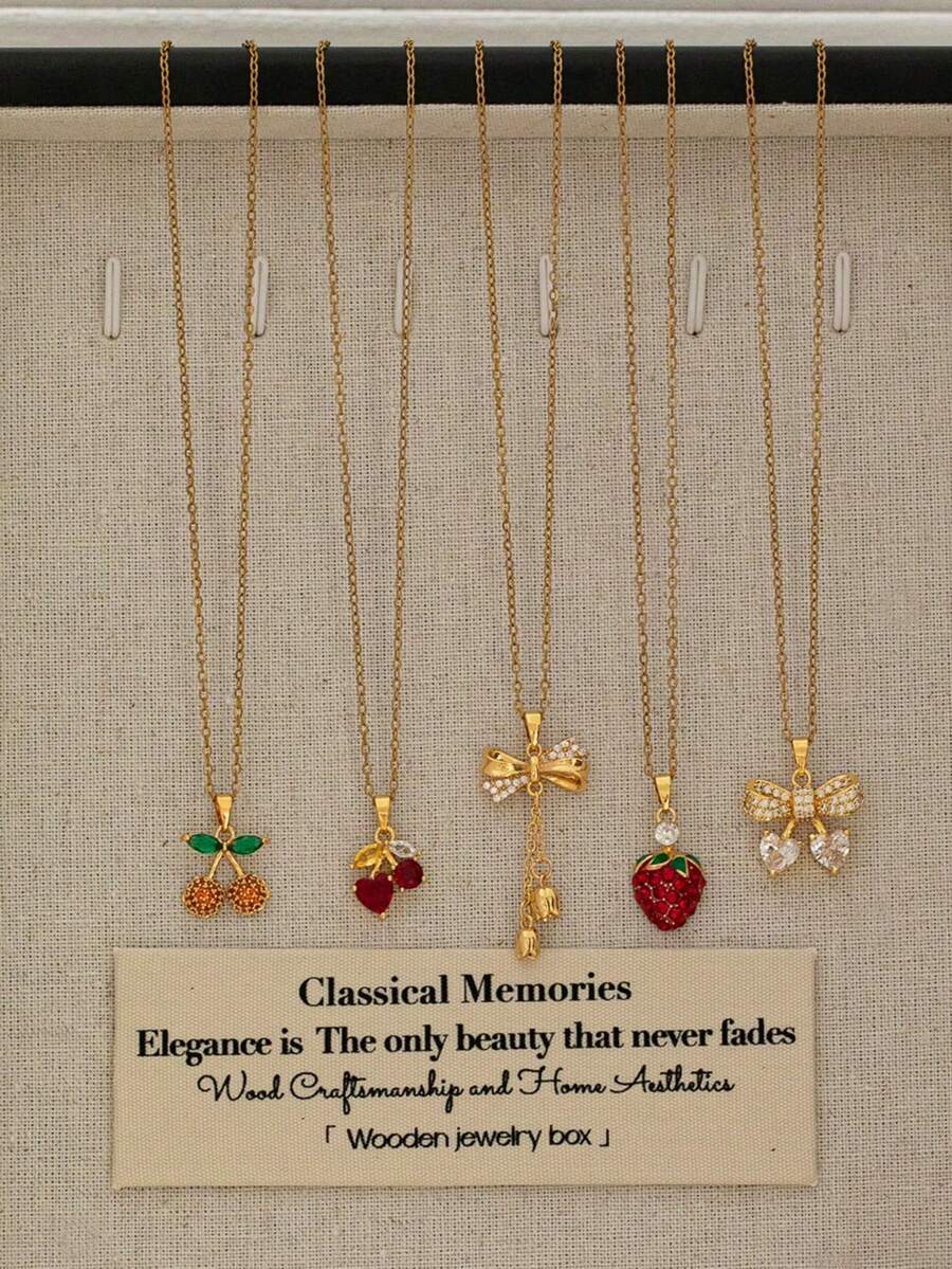 1 Pc 18K Gold Stainless Steel Cherry Pendant Necklace For Women, Zirconia Crystal Strawberry Bow Charm Necklaces, Anti-Tarnish Water Proof Jewelry - Multicolor - View 1