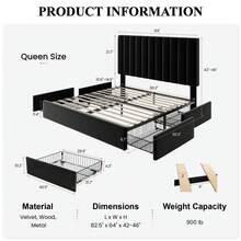 SHA CERLIN Full/Queen/King Size Platform Bed Frame With 4 Storage Drawers, Vertical Channel Tufted Adjustable Headboard, Velvet Upholstered, Wooden Slats Support, No Box Spring Needed, Easy Assembly, Black - Black - View 10