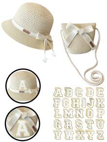 2件套白色26字母装饰女童草帽和草编包套装，包括编织宽檐遮阳帽、草编单肩包、草编斜挎包和草编零钱包，清新甜美风格，适合春夏假期。 - 彩色 - 查看 57